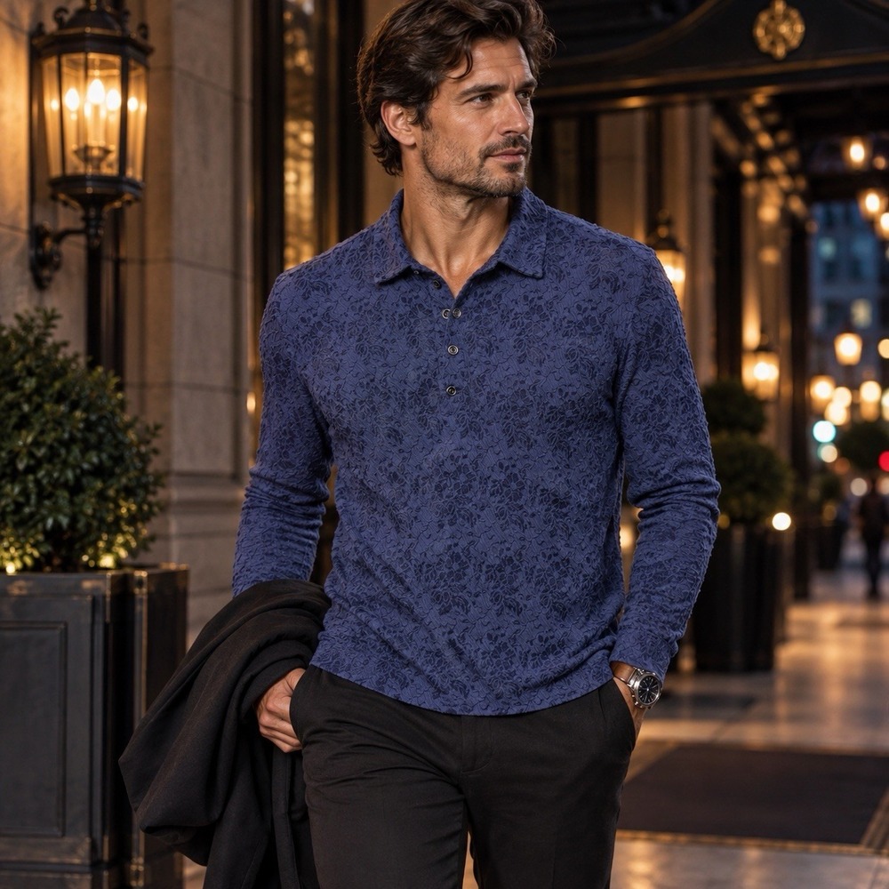 John Varvatos Newport Polo Mens L Marine Blue Floral Jacquard Italian Fabric